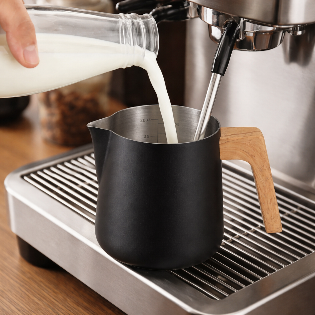 Jarra Cremadora Leche Negra con Mango de Madera en Acero Inoxidable