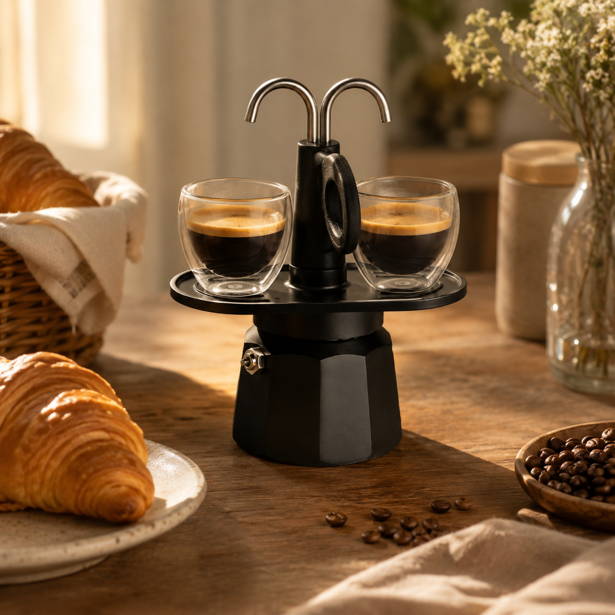 Kit Elegante Cafetera Italiana Moka Mini Express Negra 2 Tazas con Vasos Incluidos