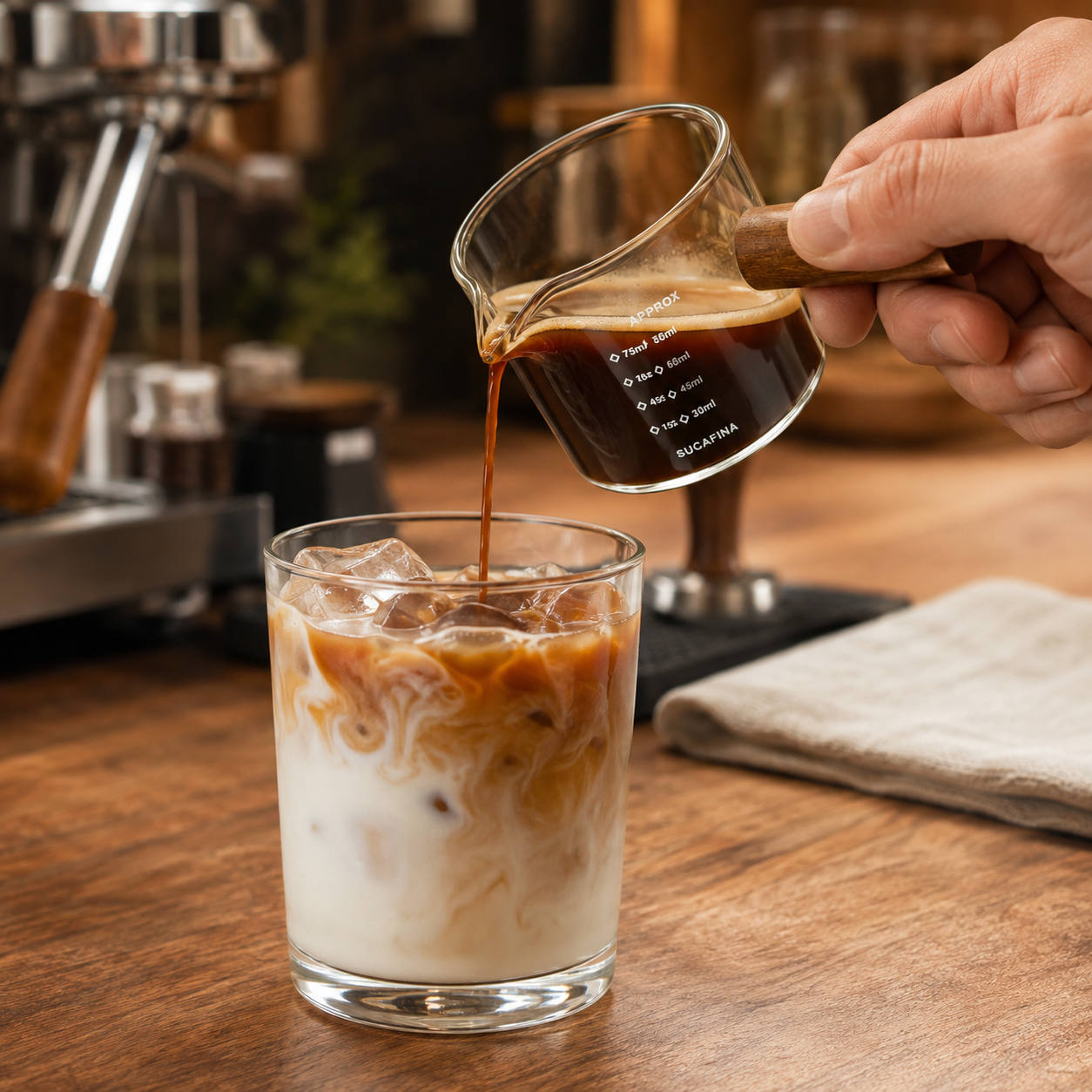 Vaso Medidor para Espresso 75 ml en Vidrio con Mango de Madera