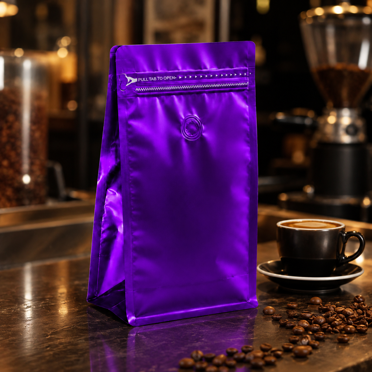 Bolsa Media Libra para Cafe Cuadrada Morada Metalizada x 50 Unidades