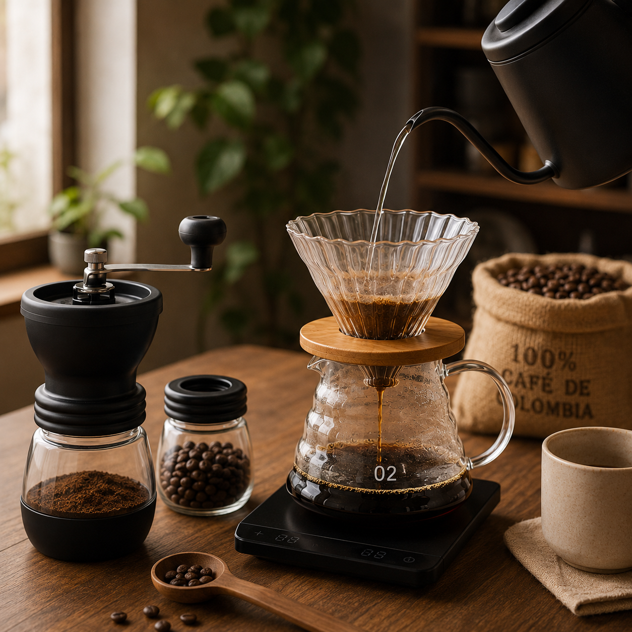 Kit de Cafe Metodo Dripper V60 con Molino Manual de Muelas Conicas Ceramicas Resistentes