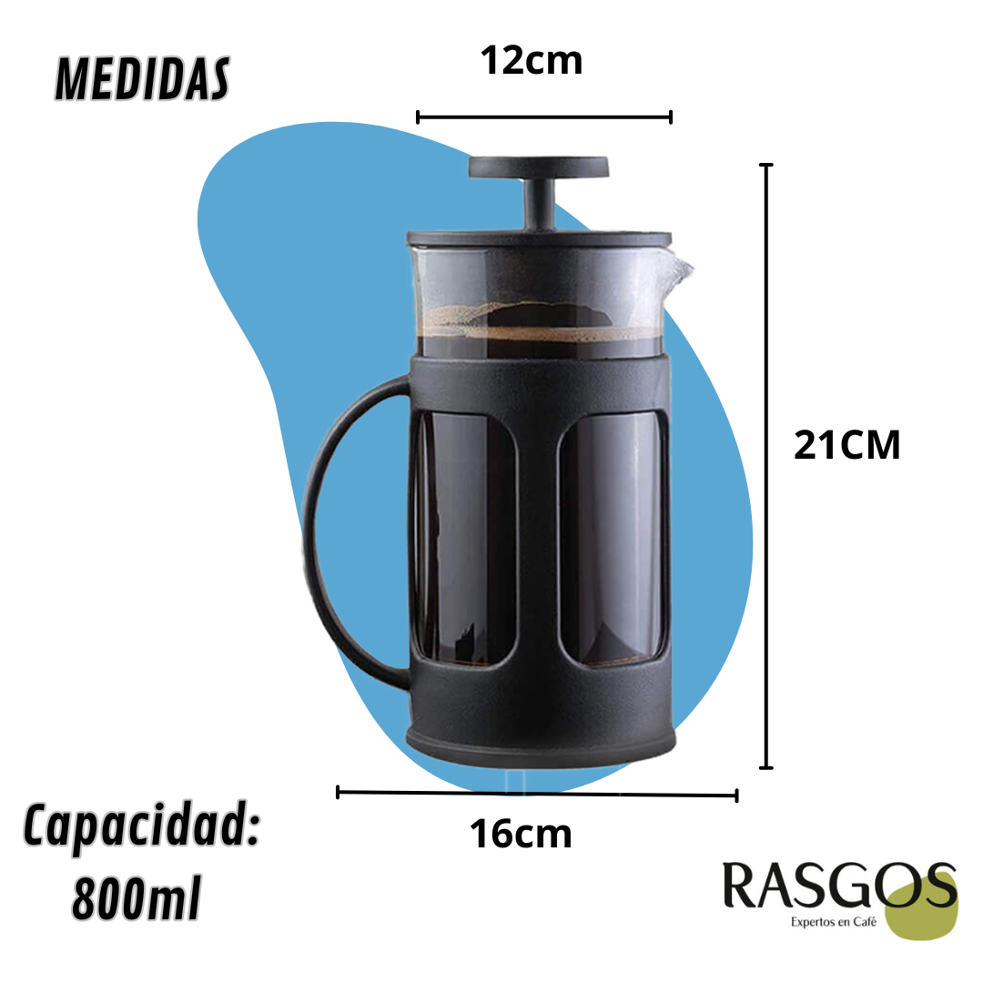 Prensa Francesa Negra French Press Cafetera de Embolo Plano 350ml-600ml-800ml
