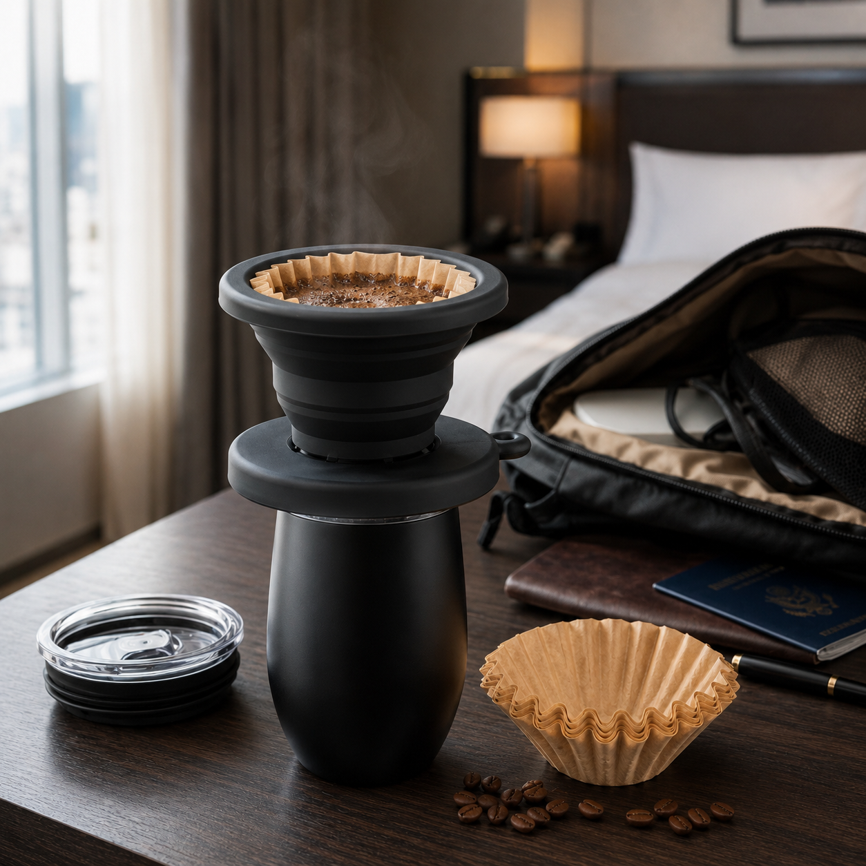 Kit Cafe Viajero V60 Tipo Kalita Origami Plegable con Vaso Termo Termico 350 ml y 50 Filtros