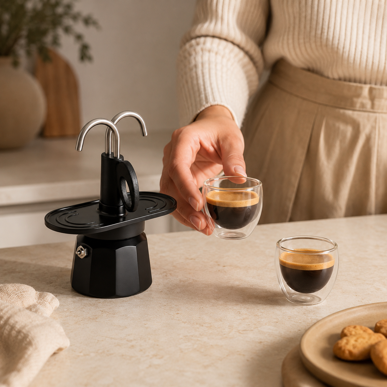 Kit Elegante Cafetera Italiana Moka Mini Express Negra 2 Tazas con Vasos Incluidos