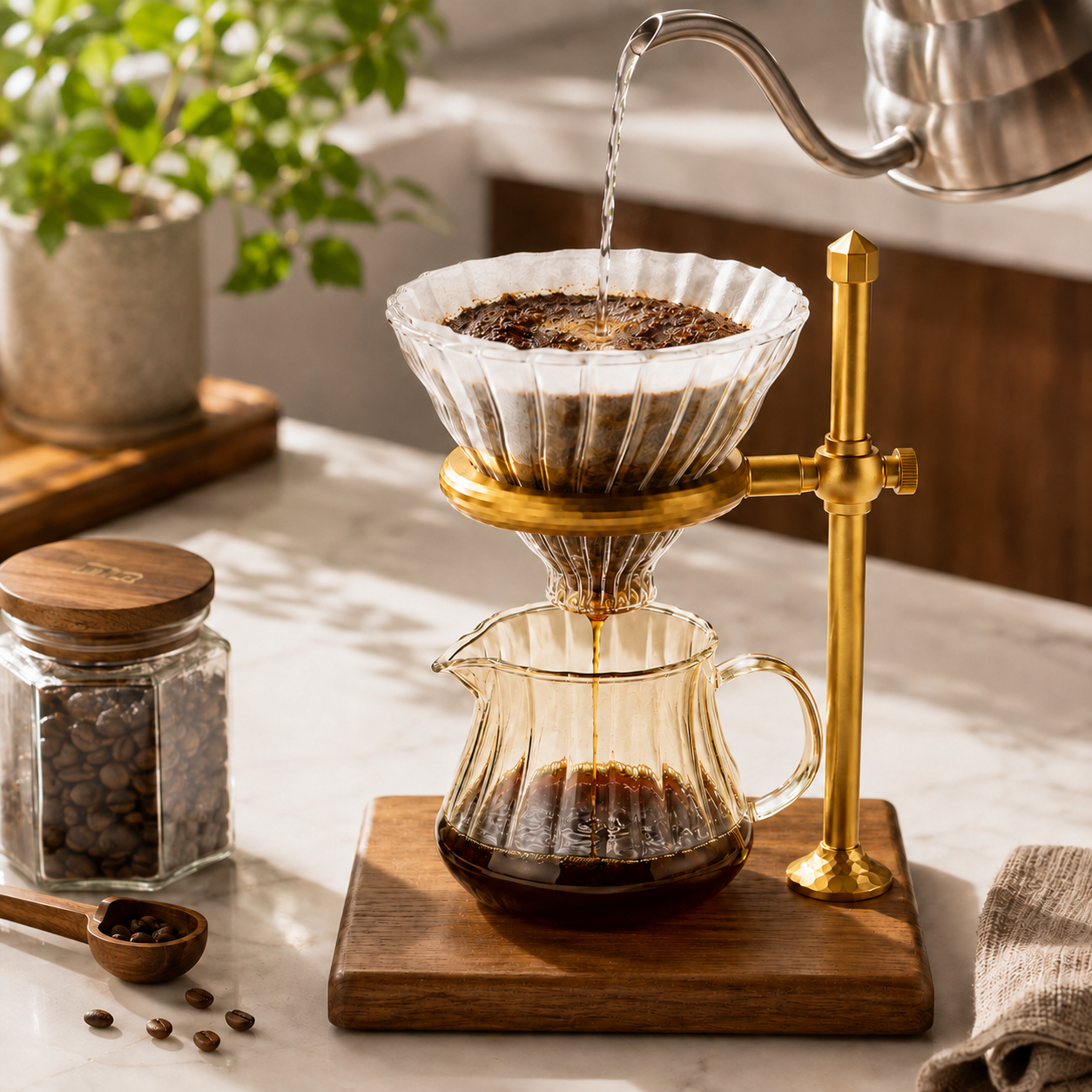 Kit Pour Over Base V60 Dorado Ajustable Dripper 02 con Jarra Server 400 ml