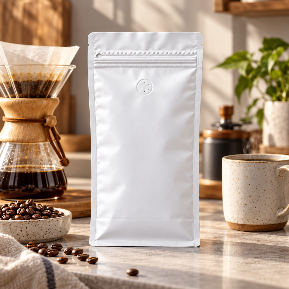Bolsa Blanca para Cafe 500g con Valvula y Zipper