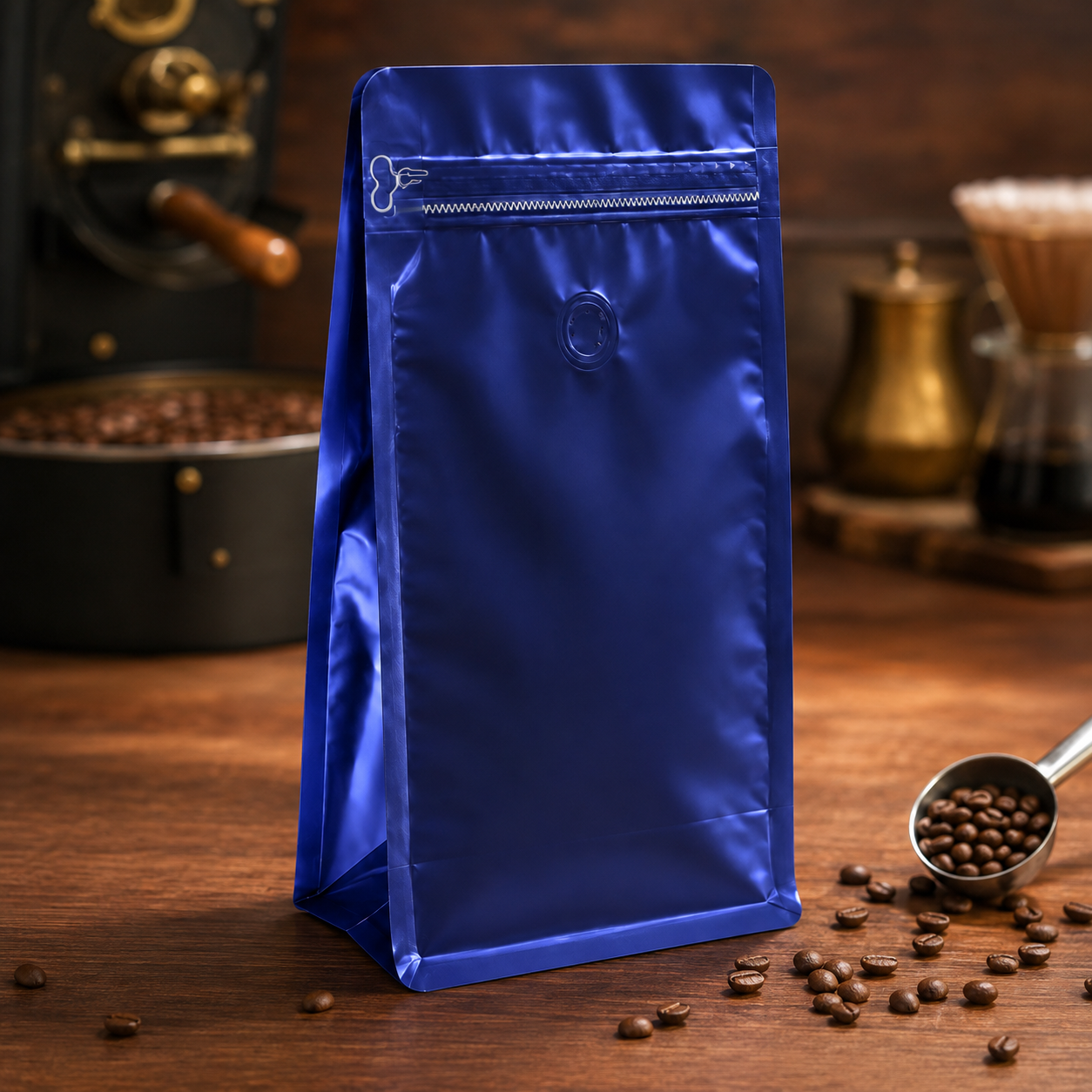 Bolsa Azul Metalizada Empaque para Cafe 250 g con Valvula y Zipper x 50 Unidades