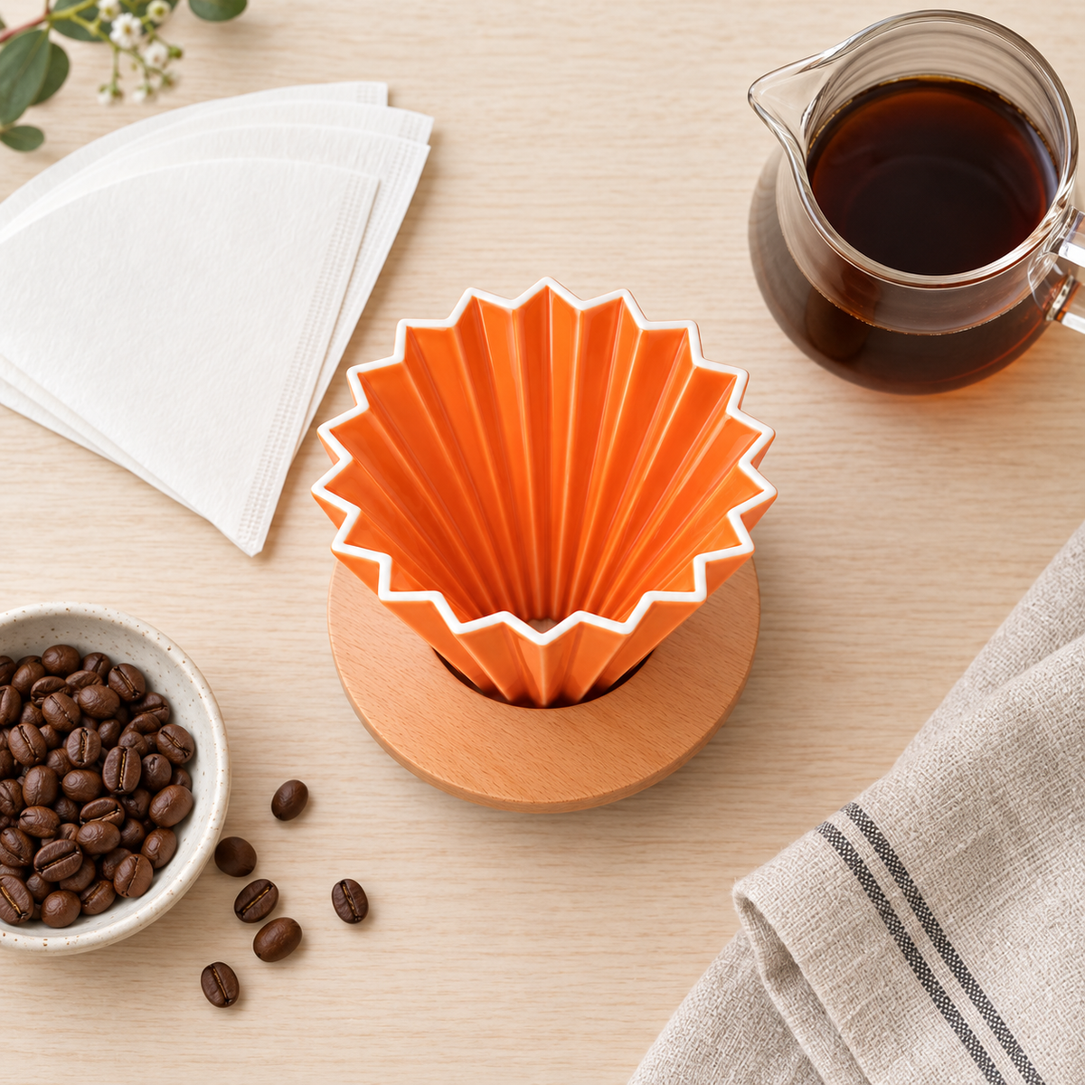 Cafetera Dripper V60 Metodo Origami Ceramica Tamaño 01 Naranja con Base de Madera