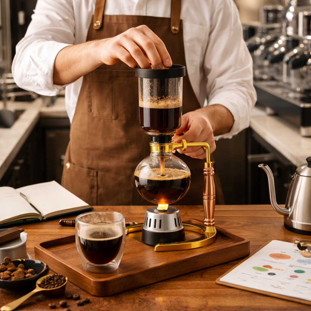 Cafetera Sifon Japones 5 tazas Elegante con Acabados Dorado y Oro Rosa