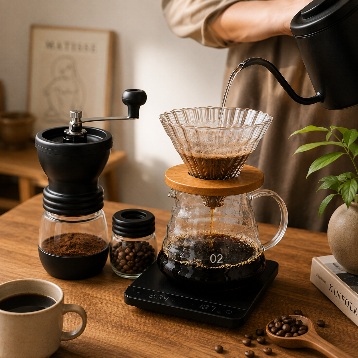 Kit de Cafe Metodo Dripper V60 con Molino Manual de Muelas Conicas Ceramicas Resistentes