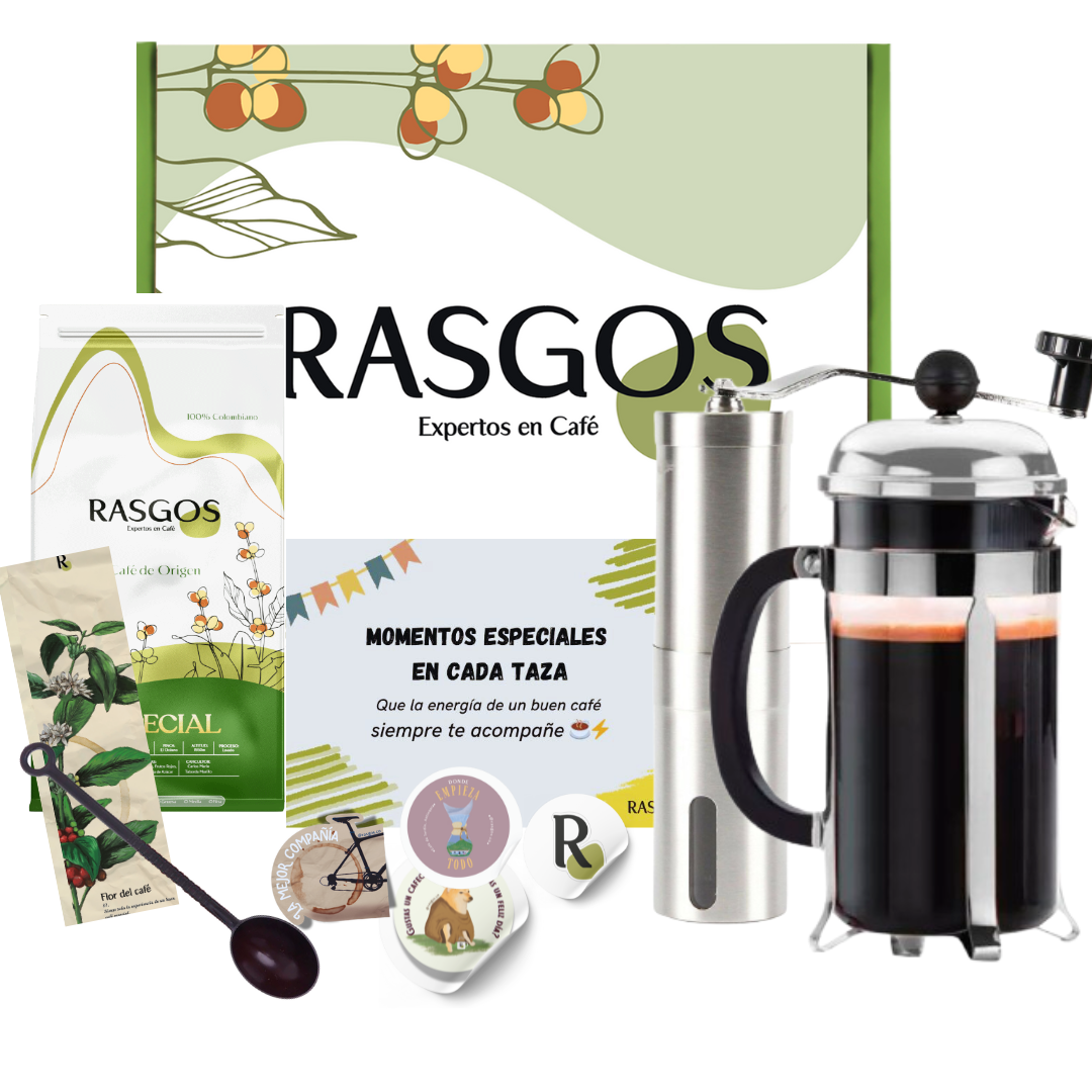 Kit Personalizado de Café | Prensa Plata 350ml + Cafe Especial 250g + Molino + Cuchara + Mensaje Personalizado