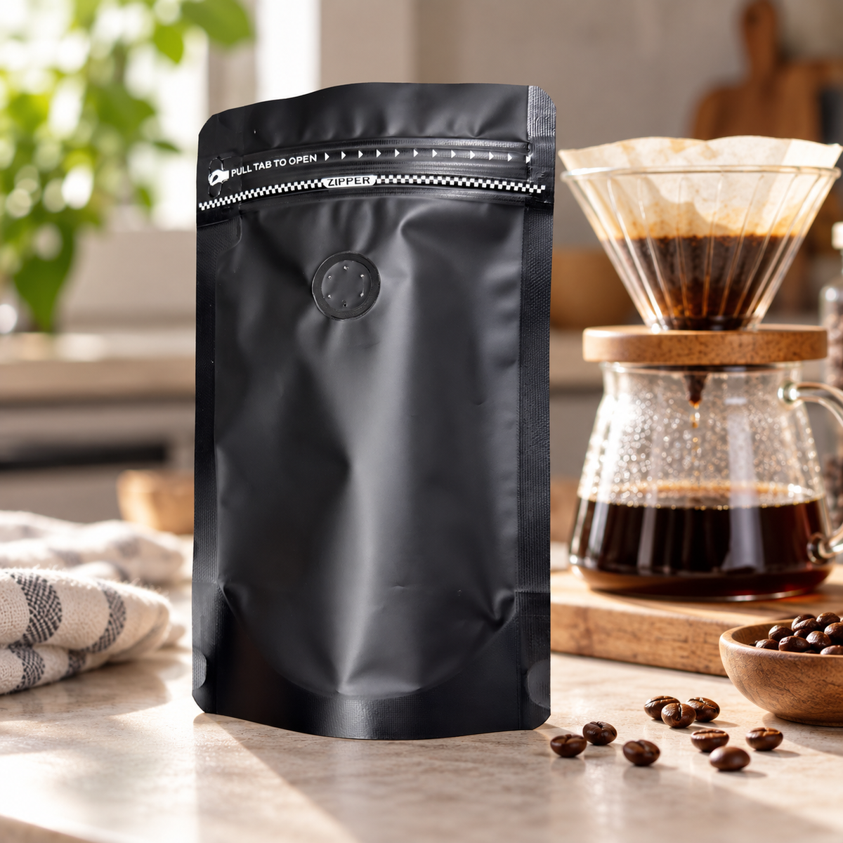 Bolsa Negra para Cafe 125 g con Valvula y Zipper