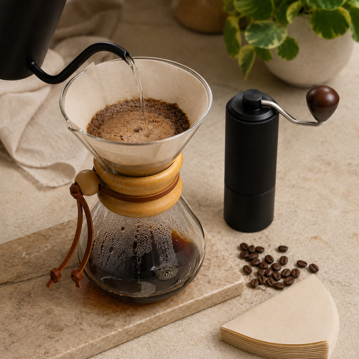 Kit Cafetera Tipo Chemex 600 ml con Molino Manual Profesional Muelas Conicas Acero Inoxidable