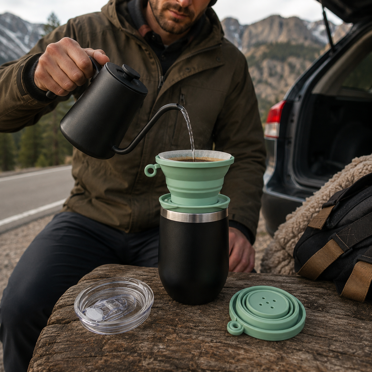 Kit Cafetero Dripper Tipo Kalita Viajero Plegable con Termo Elegante y Cafe Especial Tueste Medio