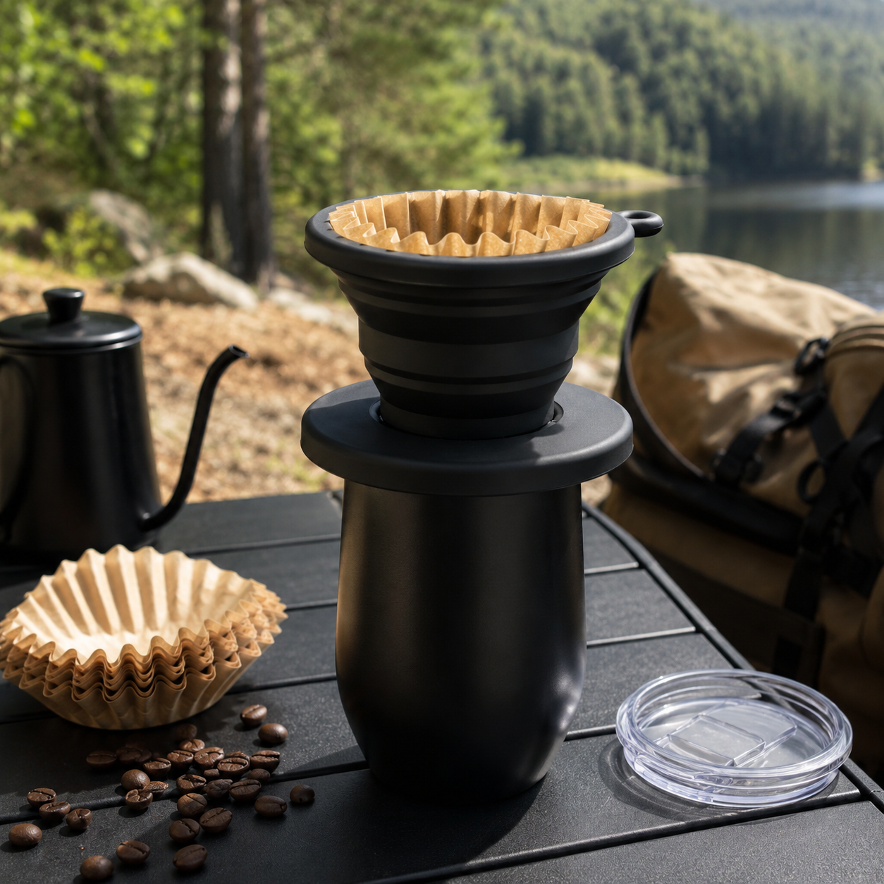 Kit Cafe Viajero V60 Tipo Kalita Origami Plegable con Vaso Termo Termico 350 ml y 50 Filtros