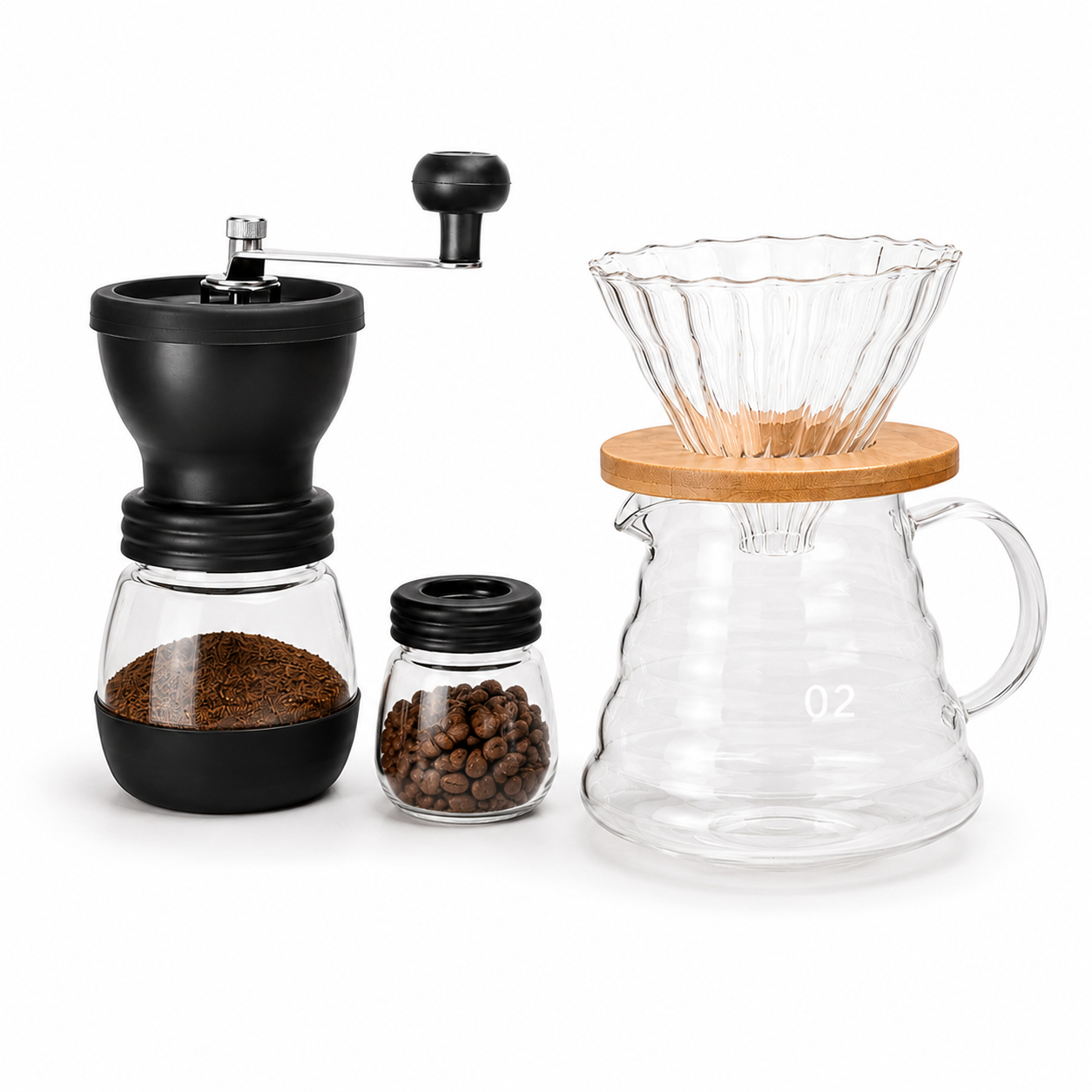 Kit de Cafe Metodo Dripper V60 con Molino Manual de Muelas Conicas Ceramicas Resistentes