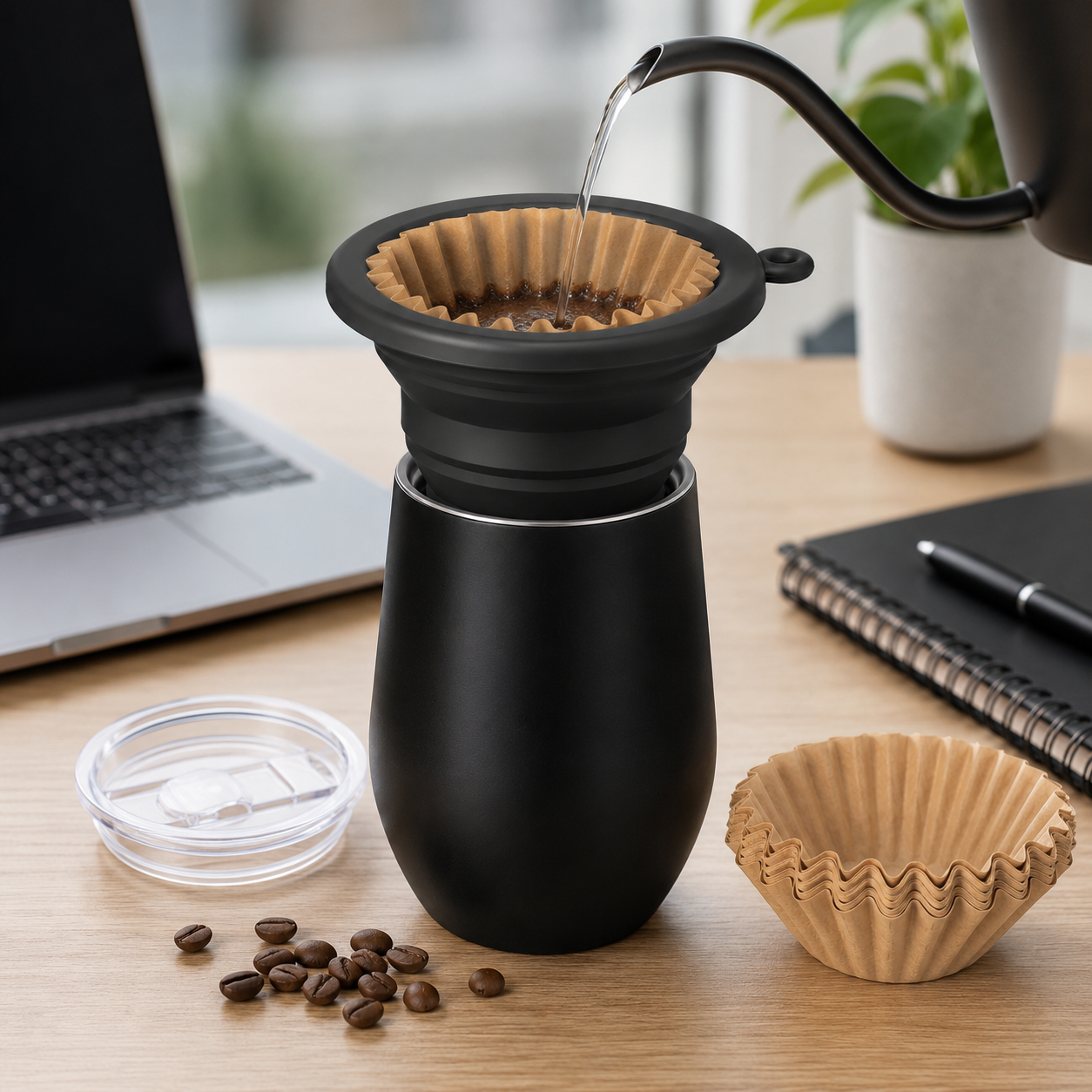 Kit Cafe Viajero V60 Tipo Kalita Origami Plegable con Vaso Termo Termico 350 ml y 50 Filtros
