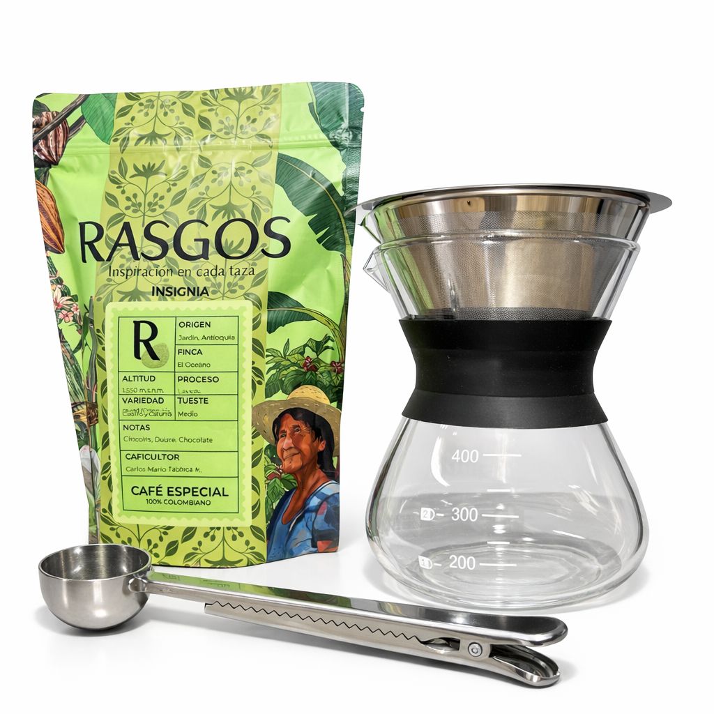 Kit Cafe Chemex Black Silver Cafe Especial 250g + Filtro Acero + Cuchara Pinza Dosificadora