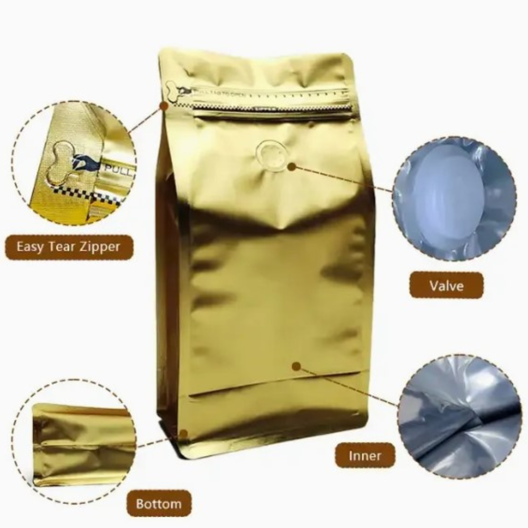 Bolsas Hermeticas para Empacar Café Doradas de 240gr a 340gr x50uds
