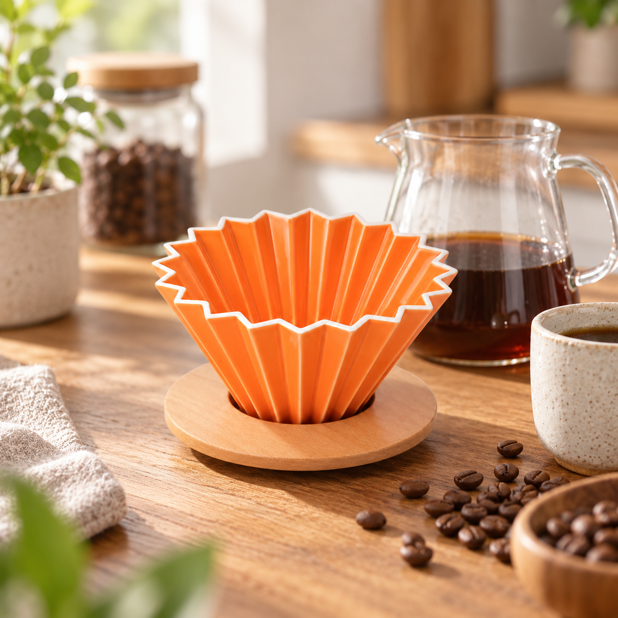 Cafetera Dripper V60 Metodo Origami Ceramica Tamaño 01 Naranja con Base de Madera