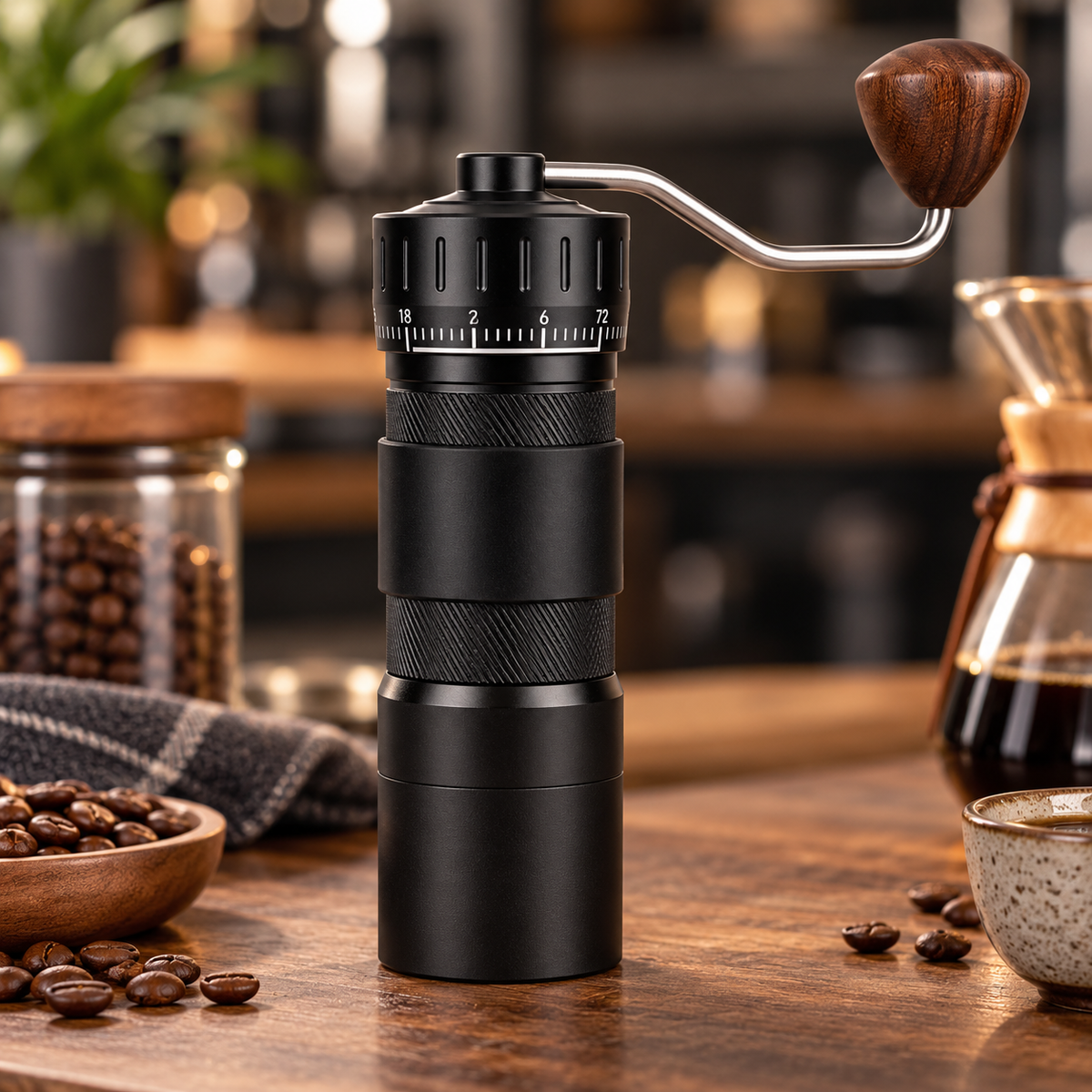 Molino Cafe Conico en Acero Inoxidable Manual Ajustable por 72 Clics Negro