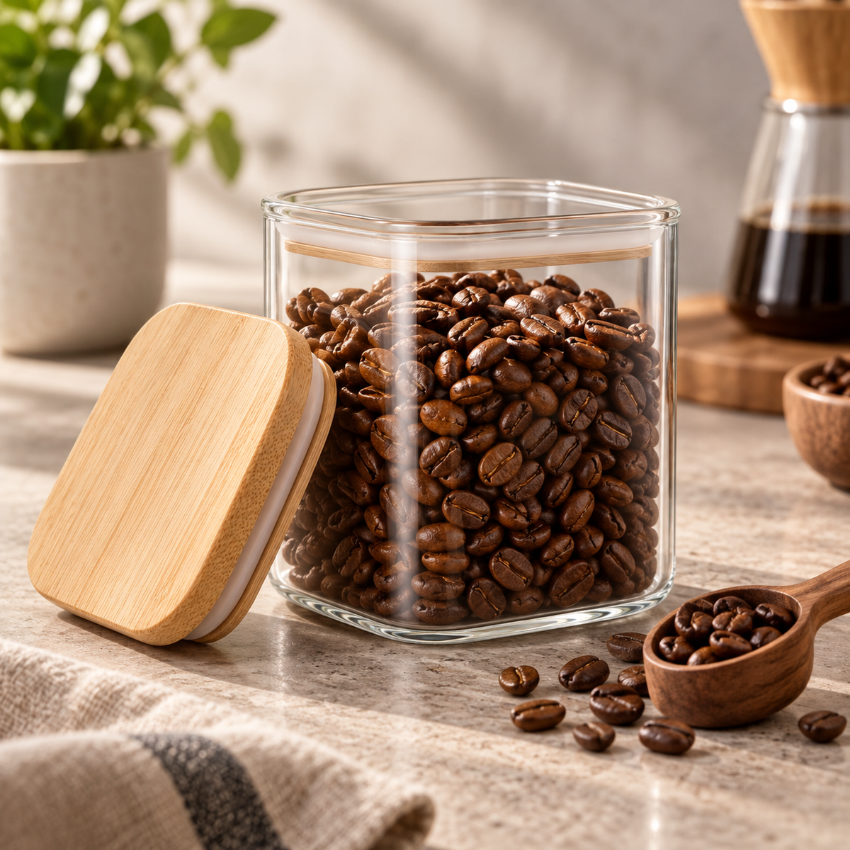 Recipiente para Cafe y Alimentos en Vidrio con Tapa de Bambu 450 ml