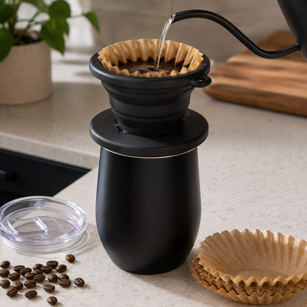 Kit Cafe Viajero V60 Tipo Kalita Origami Plegable con Vaso Termo Termico 350 ml y 50 Filtros