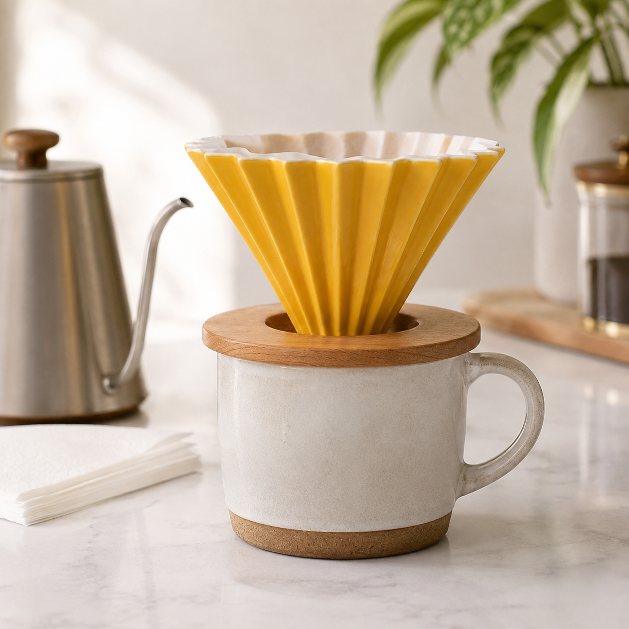 Cafetera Dripper Metodo Origami de Ceramica Tamaño 01 Amarillo con Base de Madera