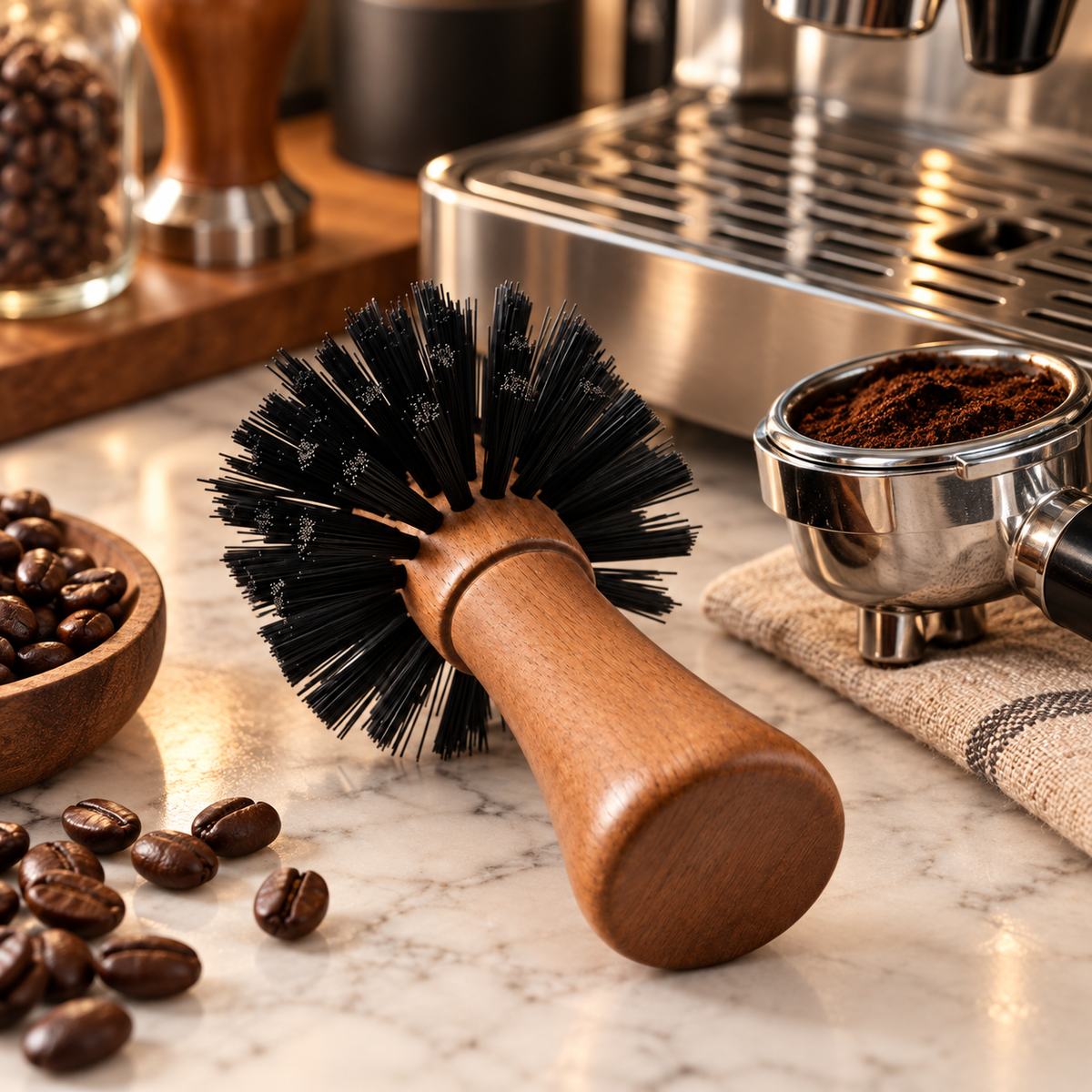 Cepillo Barista de Limpieza para Molino y Espresso – Mango de Madera