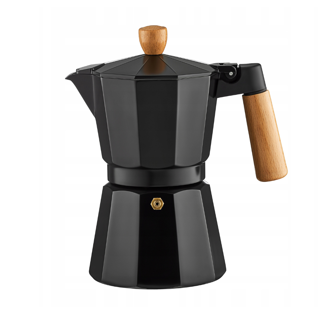 Cafetera Italiana Moka Negra con Mango en Madera 300ml Café con Cuerpo