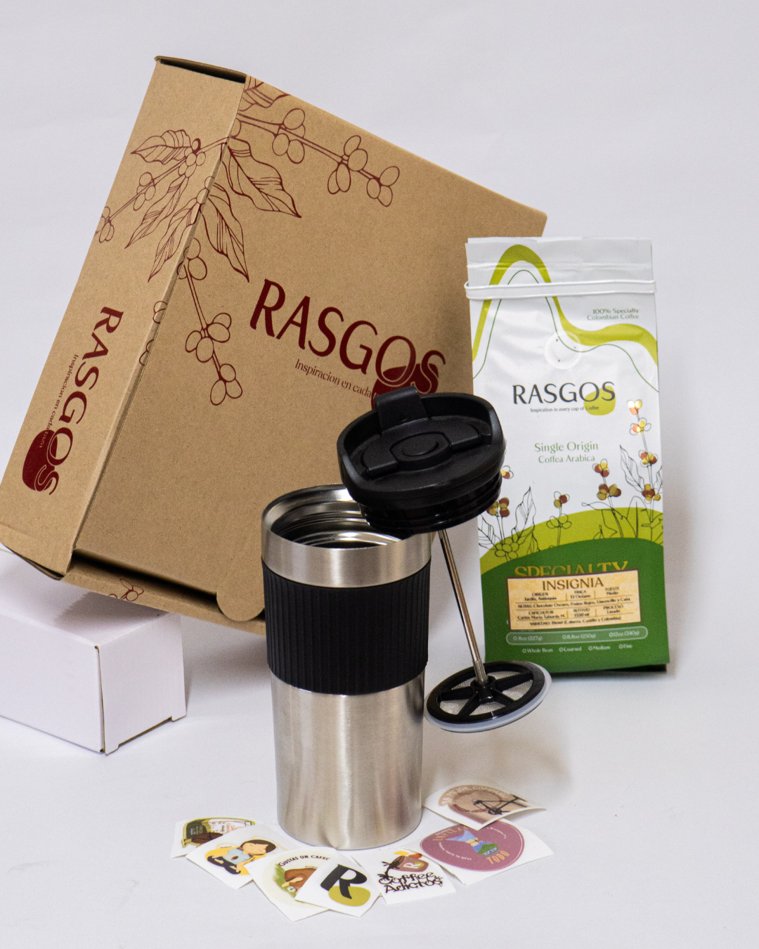 Kit Prensa Viajera 350ml | Cafe Especial Insignia 250gr + Chocolatina de Cacao y Café