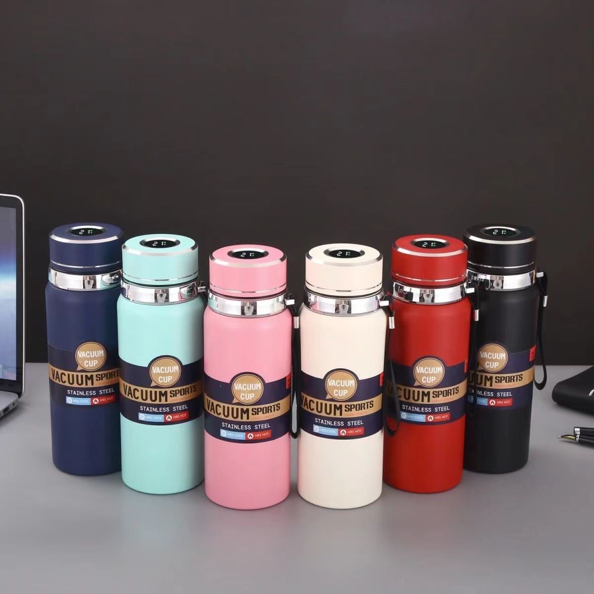 Termo Termico con Termometro en Pantalla Digital Rosado 600ml Acero Inox