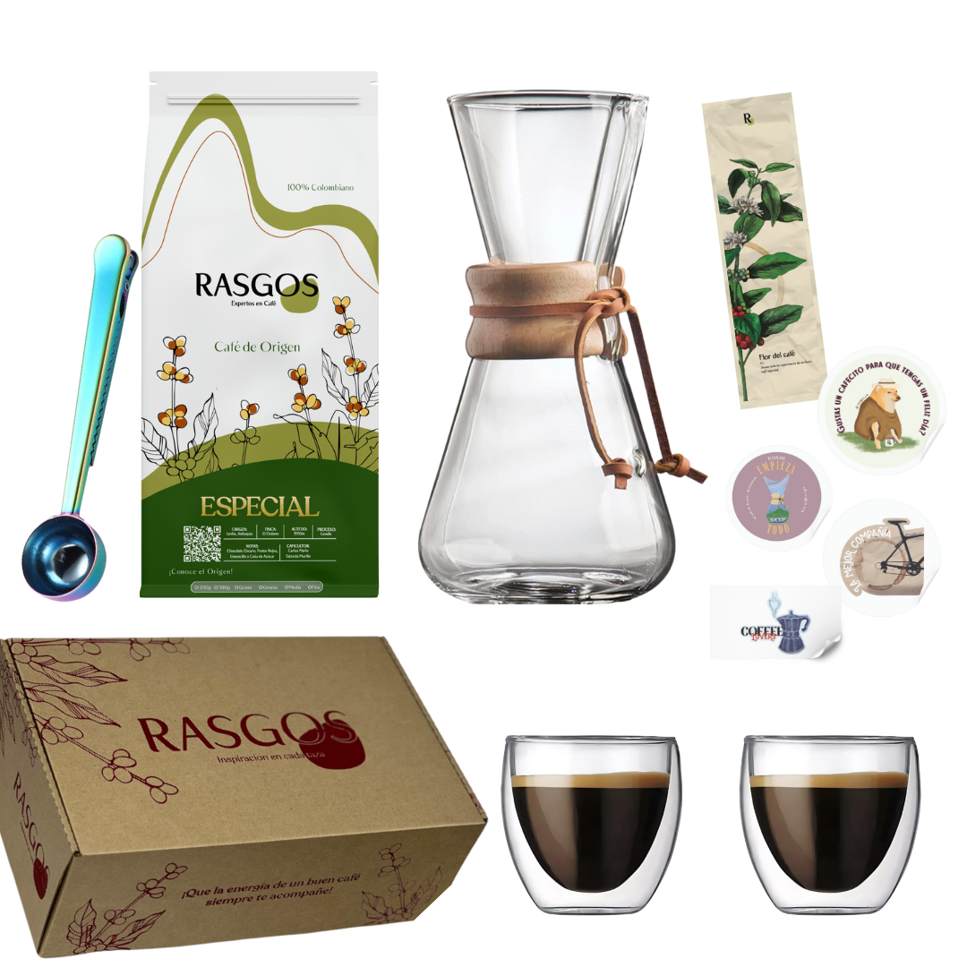 Kit Chemex 600ml | Chemex 600ml + Cafe Insignia + 2 Vasos doble fondo 80ml + Cuchara pinza + Caja tipo Regalo