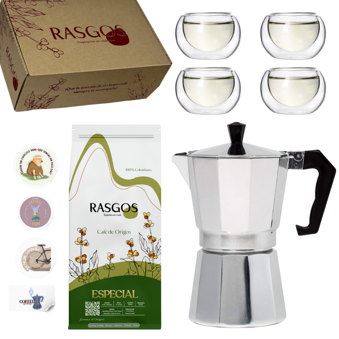 Kit Familiar Moka 9 Tazas | Moka 9 Tazas + 4 Vasos + Café Insignia 250 g + Caja Tipo Regalo