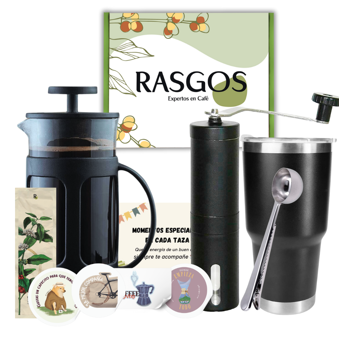Kit Cafetero Ideal para Viajar | Prensa Francesa 600 ml + Termo/Vaso 900 ml + Molino Negro + Mensaje Personalizable + Stickers + Separador de Libros.