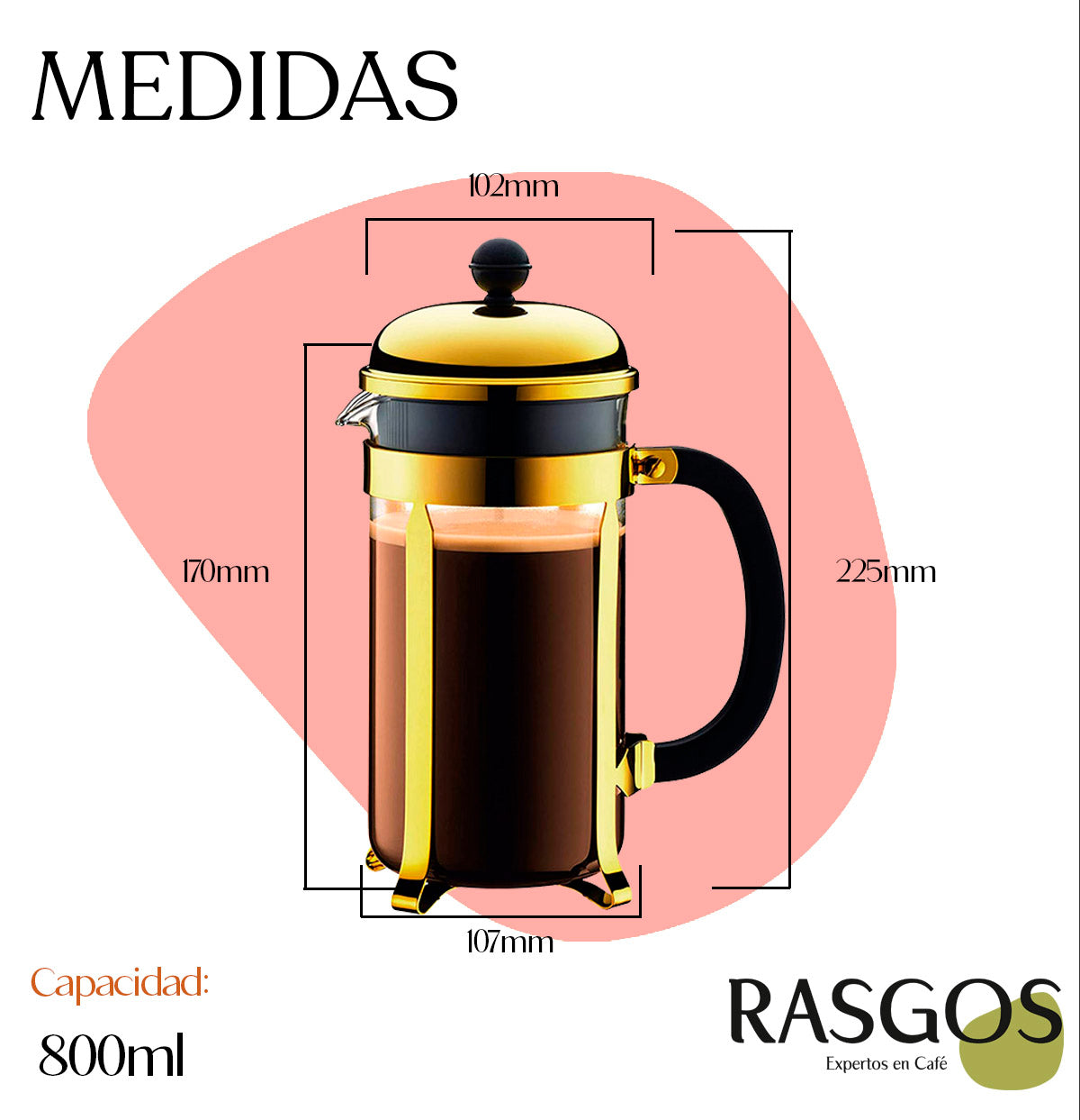Cafetera de Embolo Prensa Francesa Dorada Disponible en 350ml-600ml-800ml