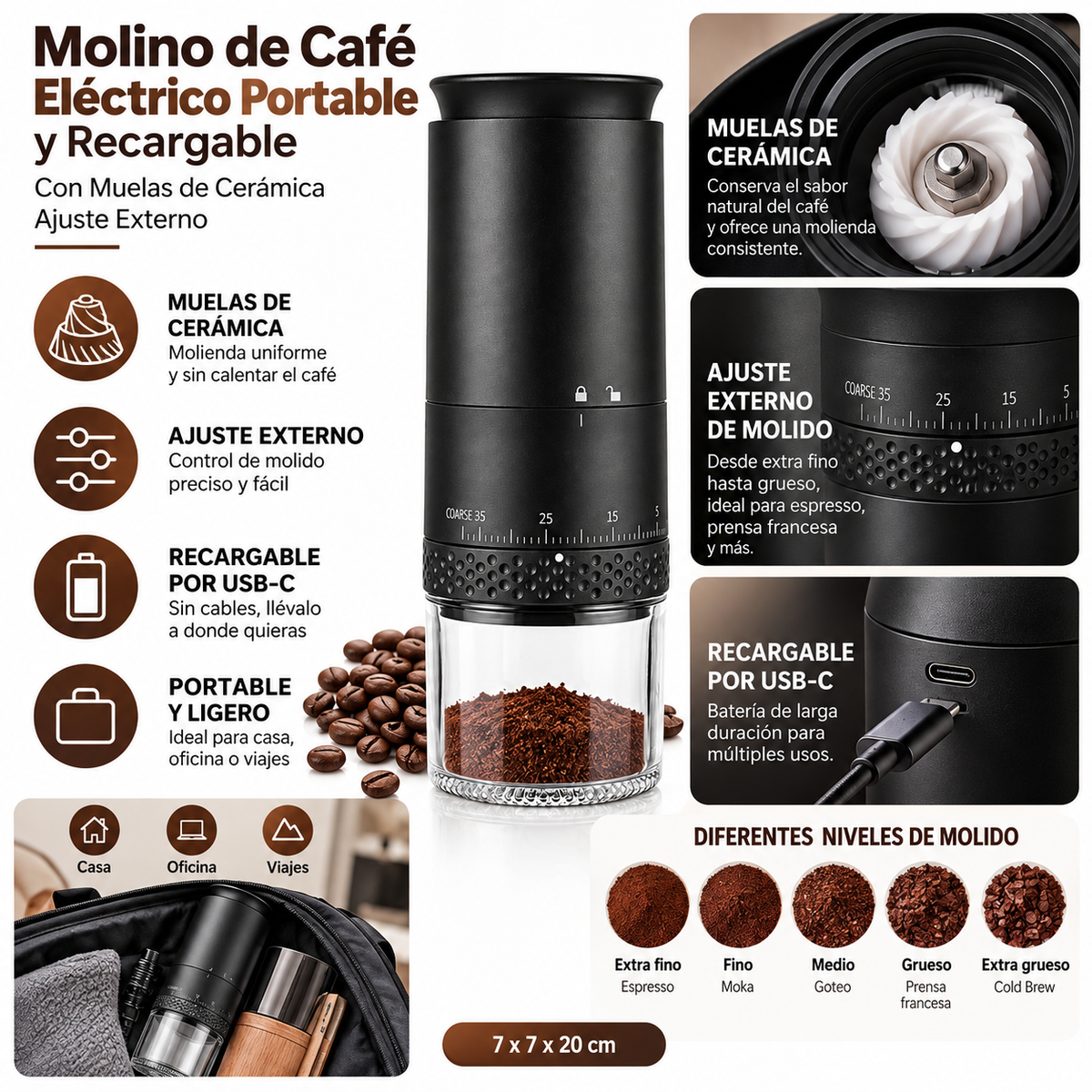 Molino de Café Eléctrico Portable y Recargable con Muelas de Cerámica Ajuste Externo Negro