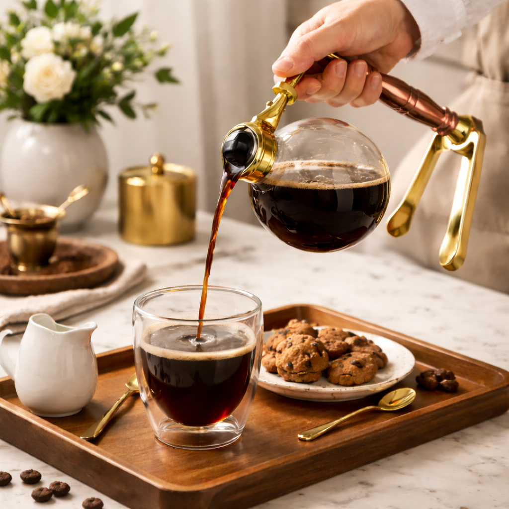 Cafetera Sifon Japones 5 tazas Elegante con Acabados Dorado y Oro Rosa