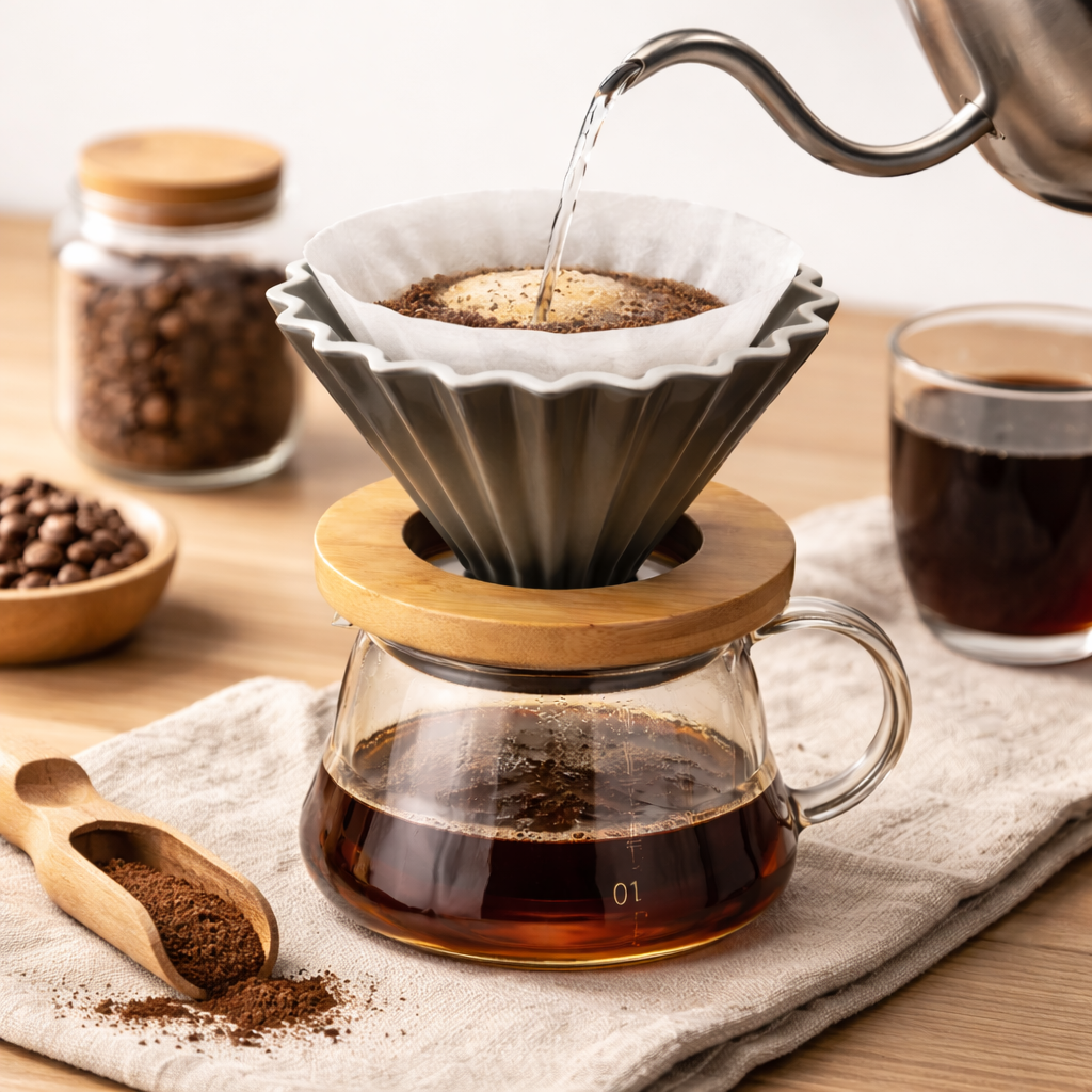 Cafetera Dripper Origami Negro Flower Ceramico 01 con Base de Madera