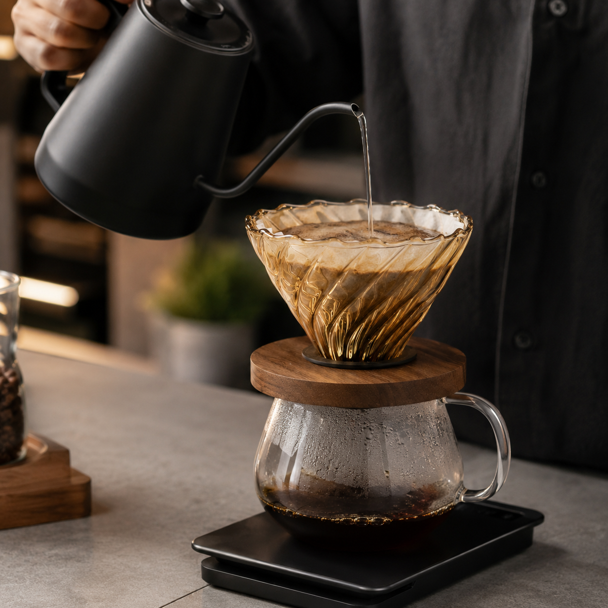 Cafetera Metodo V60 Dripper 02 de Vidrio con Base de Madera