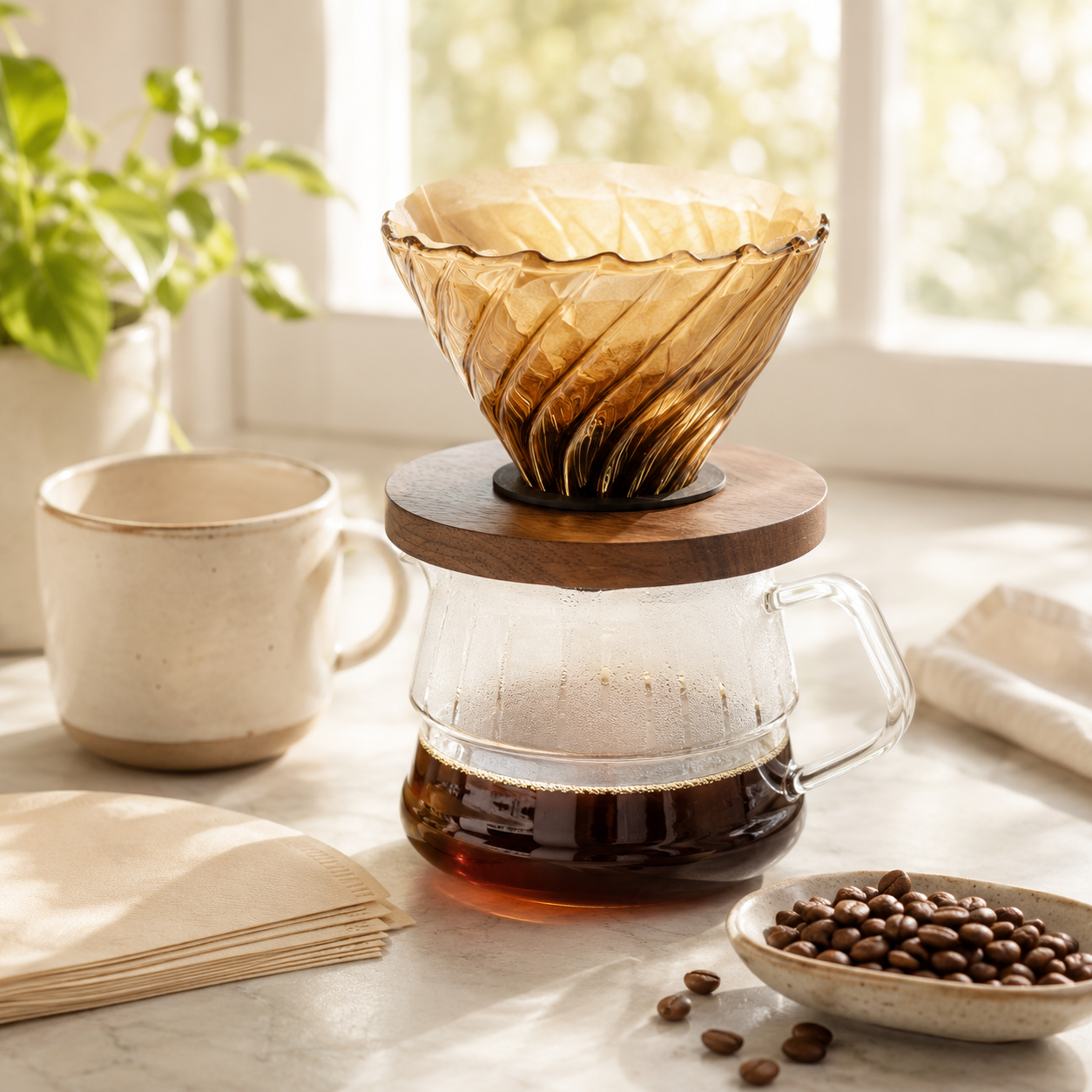 Cafetera Metodo V60 Dripper 02 de Vidrio con Base de Madera