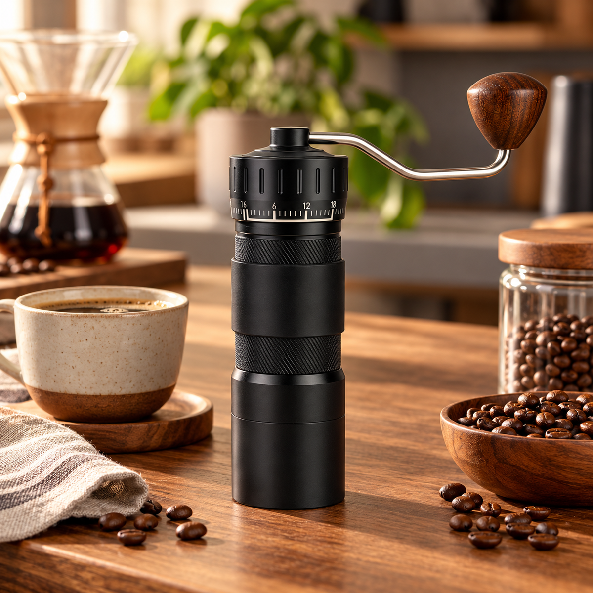 Molino Cafe Conico en Acero Inoxidable Manual Ajustable por 72 Clics Negro