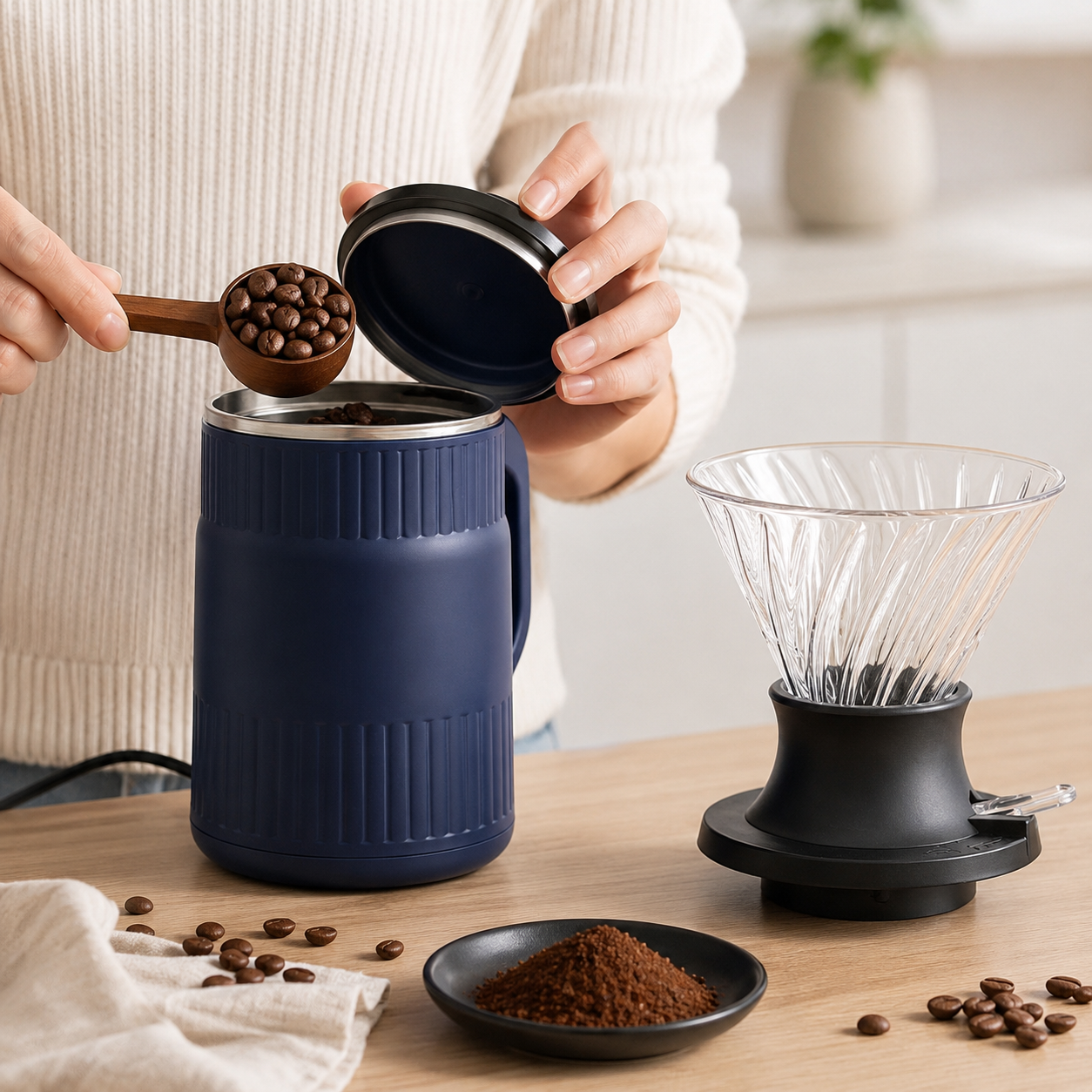 Kit de Cafe Filtrado con Molino Electrico Metodo Tipo HARIO Switch V60 en Vidrio