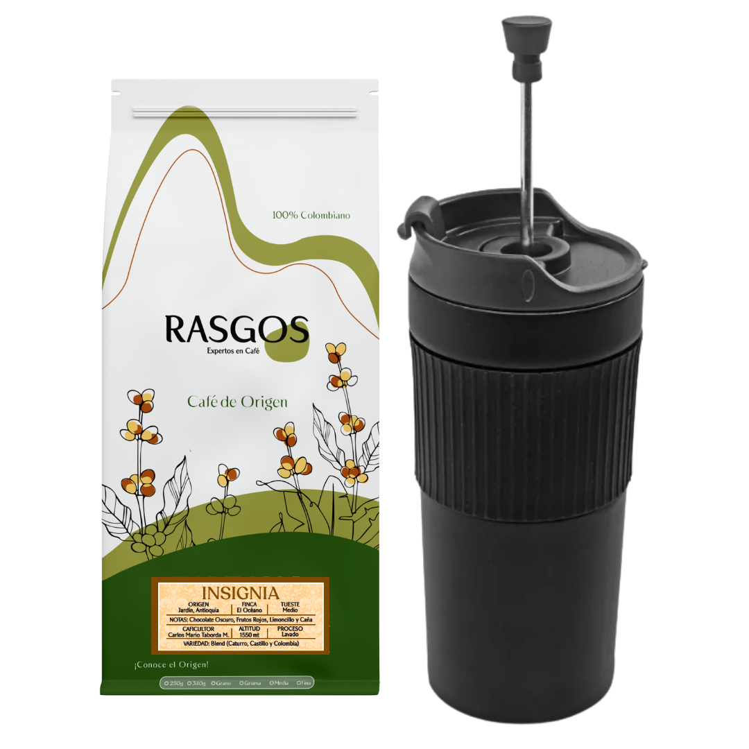 Combo Viajero del Café | Termo Prensa Viajera Negra 350 ml + Café Insignia Rasgos 250 g