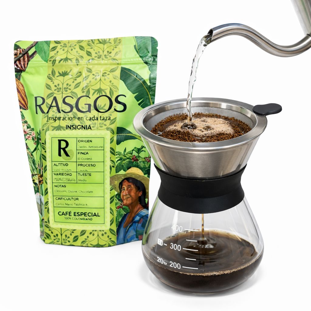 Kit Cafe Chemex Black Silver Cafe Especial 250g + Filtro Acero + Cuchara Pinza Dosificadora