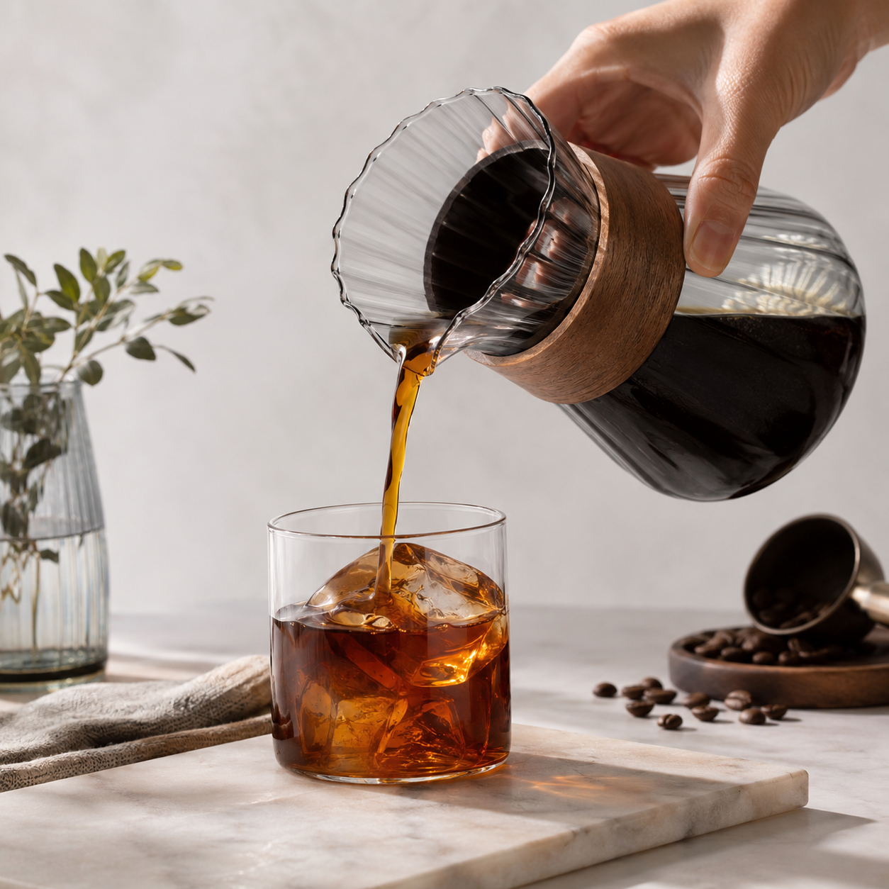 Servidor de Cafe y Jarra de Vidrio con Mango de Madera 400ml
