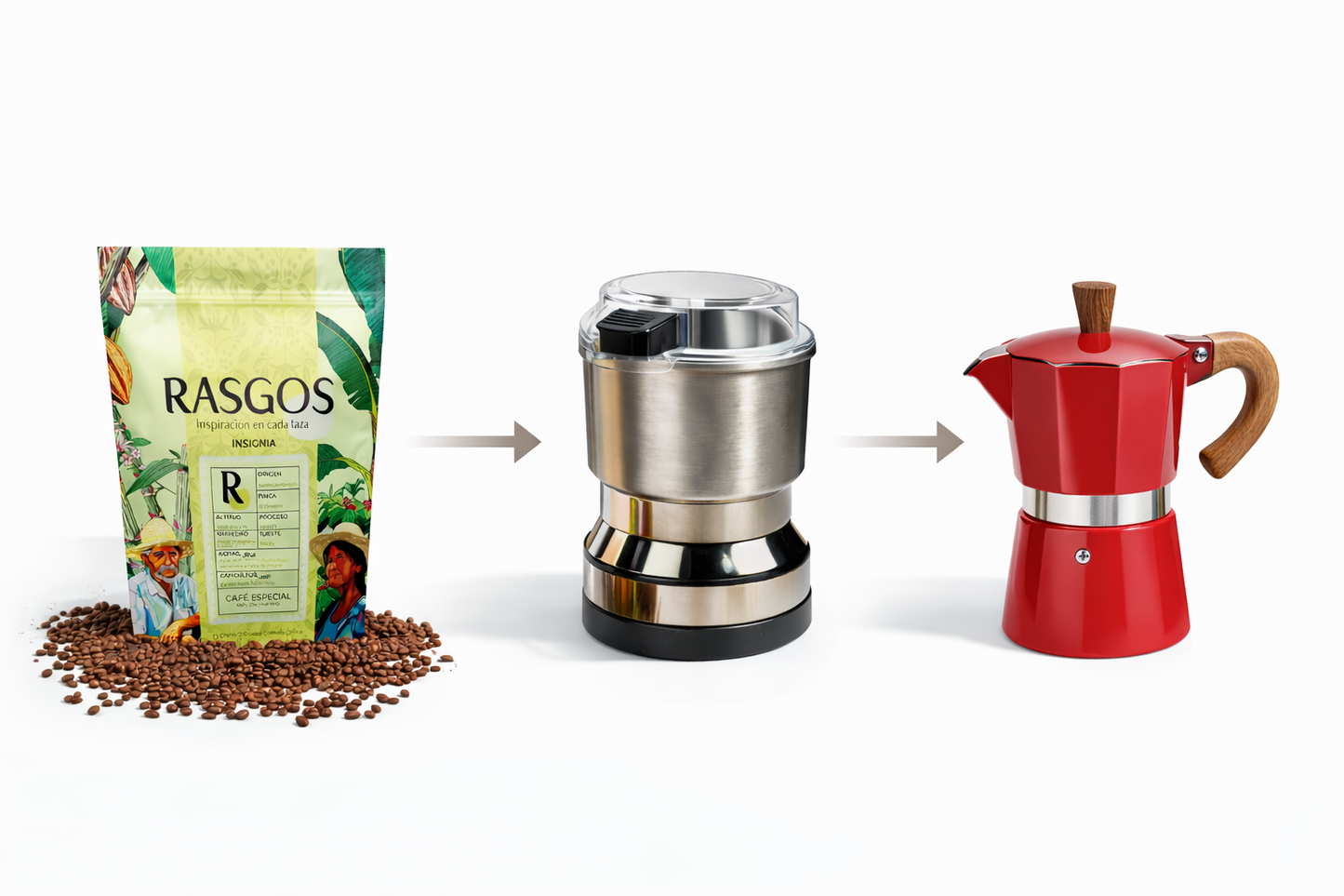 Kit Cafetera Espresso Casero Moka Italiana Aluminio 6 tazas con Molino Electrico Cuchillas Acero Inoxidable