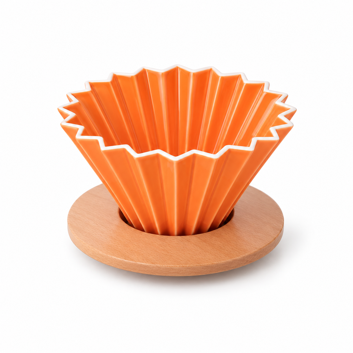 Cafetera Dripper V60 Metodo Origami Ceramica Tamaño 01 Naranja con Base de Madera
