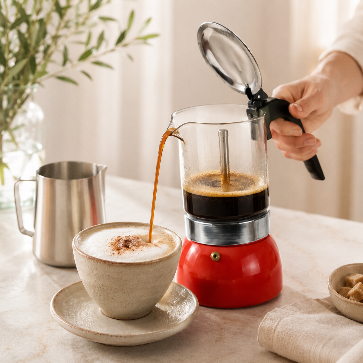 Cafetera Moka Italiana Roja de 9 Tazas con Jarra Transparente