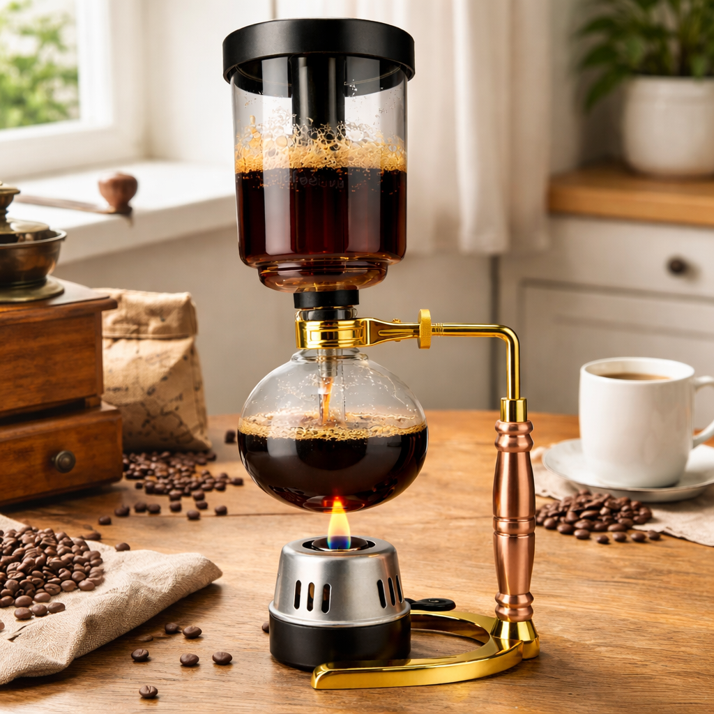 Cafetera Sifon Japones 5 tazas Elegante con Acabados Dorado y Oro Rosa